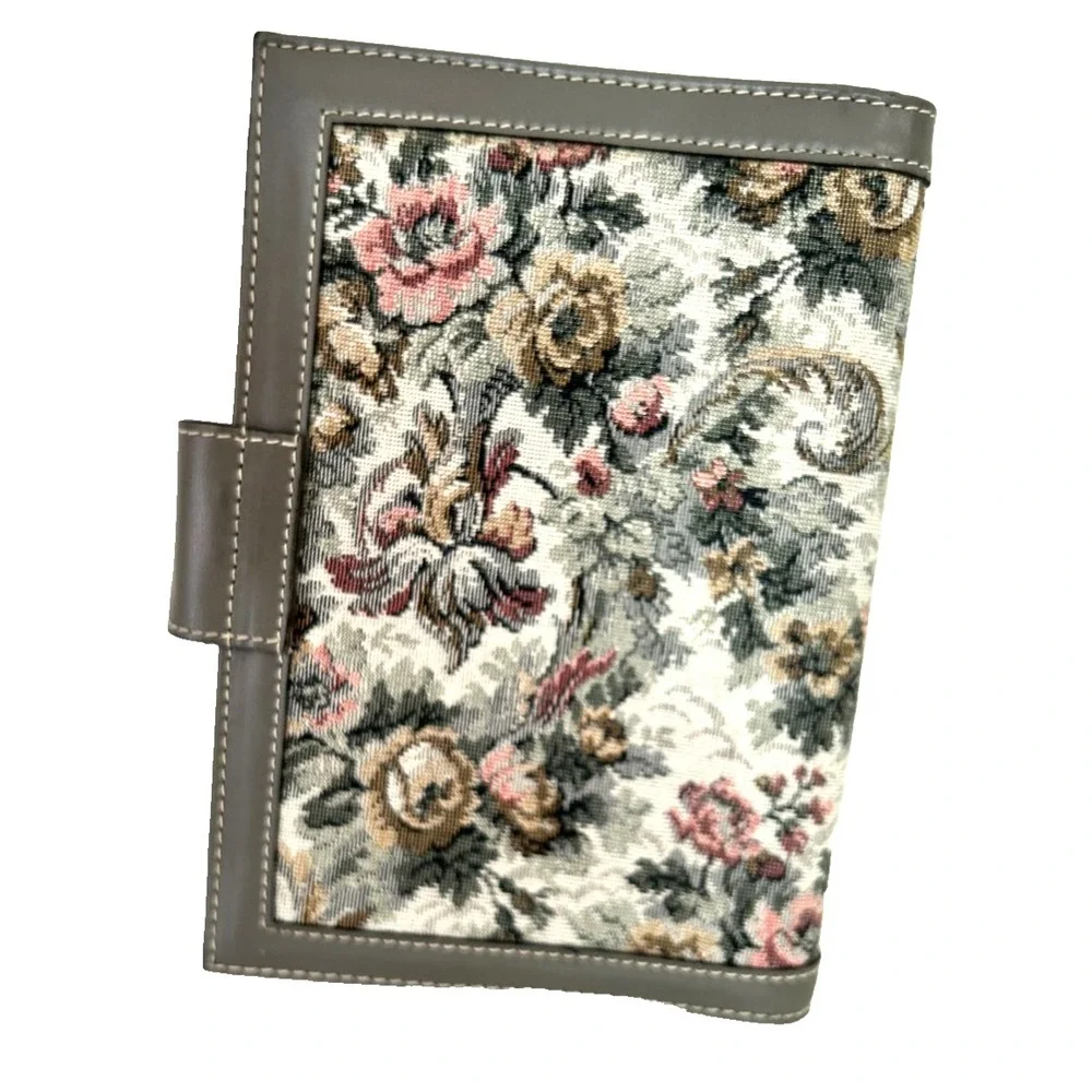 Vtg Floral Tapestry Bible Cover Book Jacket Case Travel Organizer 6x9 Grey EUC